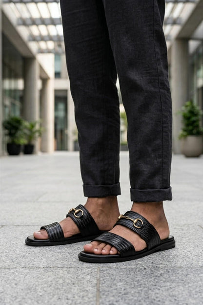 Men's Black Handmade Real Leather Snaffle Bit Open Toe Sandals