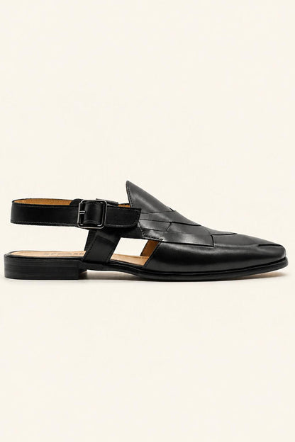 Men's Black Handmade Real Leather Woven Sandals