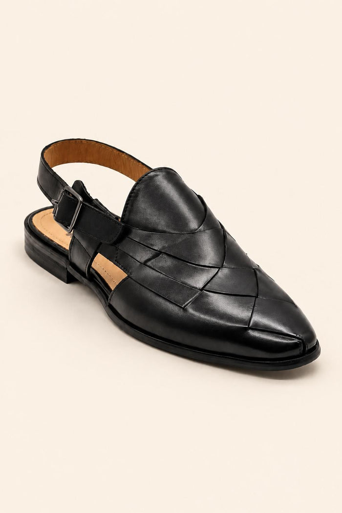 Men's Black Handmade Real Leather Woven Sandals