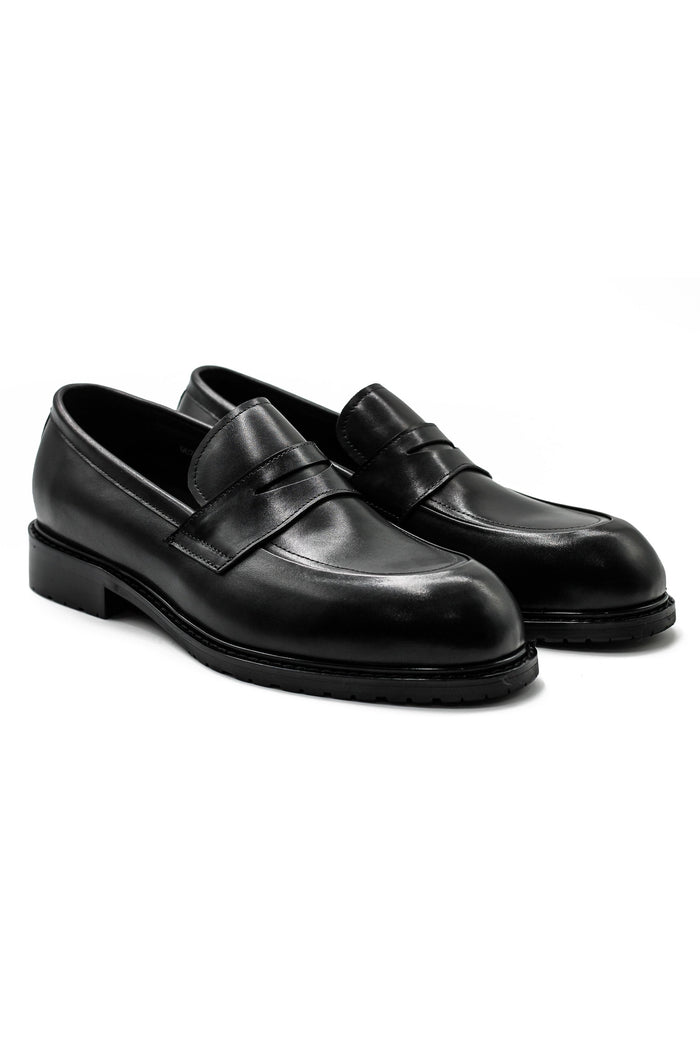 Men’s Black Leather Upper Penny Loafers Chunky Sole