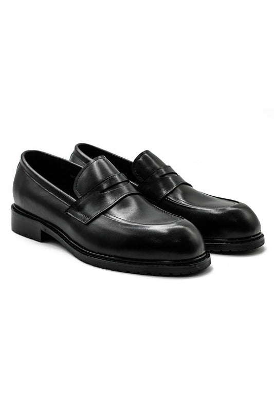 Men’s Black Leather Upper Penny Loafers Chunky Sole