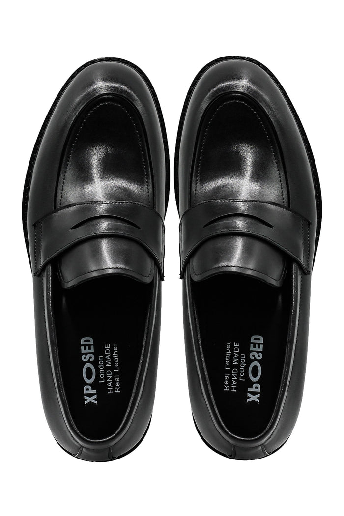 Men’s Black Leather Upper Penny Loafers Chunky Sole