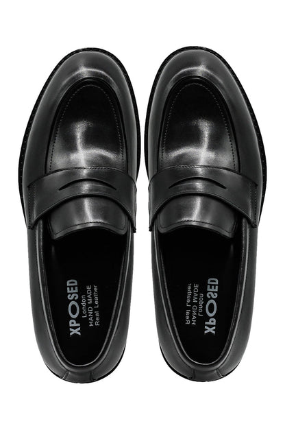 Men’s Black Leather Upper Penny Loafers Chunky Sole