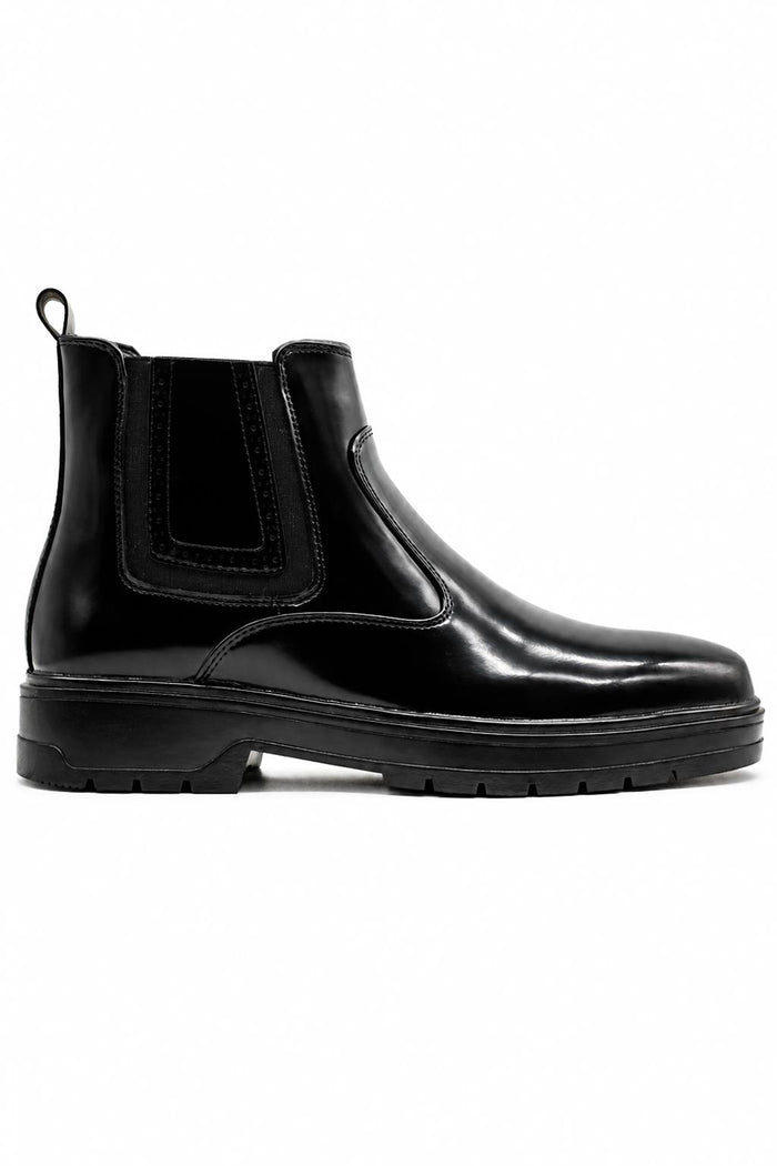 Men's Black Patent Faux Leather Retro Chelsea Boots Lug Sole