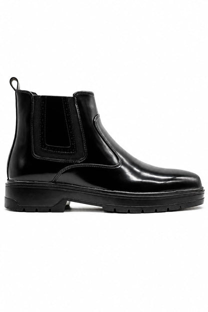 Men's Black Patent Faux Leather Retro Chelsea Boots Lug Sole