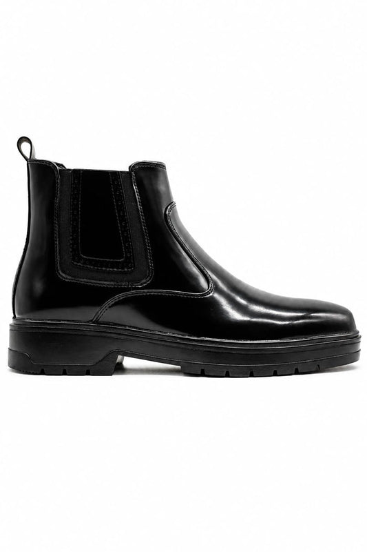 Men's Black Patent Faux Leather Retro Chelsea Boots Lug Sole