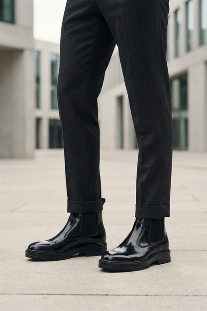 Men's Black Patent Faux Leather Retro Chelsea Boots Lug Sole