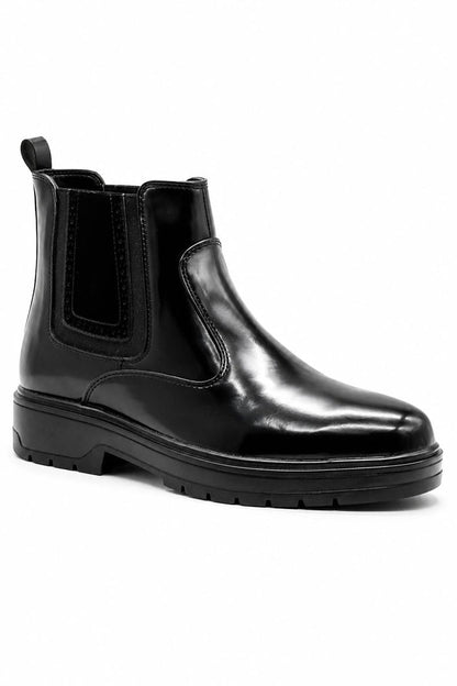 Men's Black Patent Faux Leather Retro Chelsea Boots Lug Sole