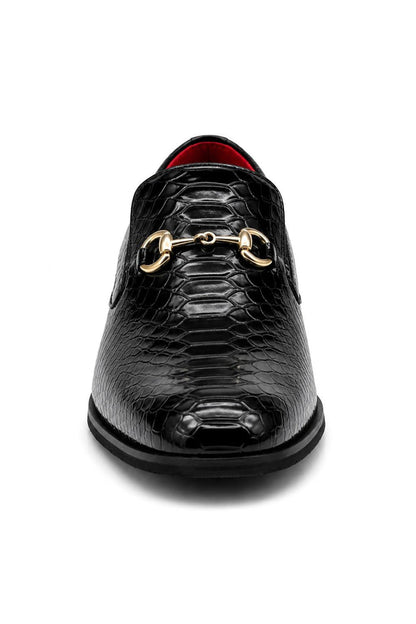 Men’s Black Patent Slip-On Loafers with Gold Snaffle Buckle