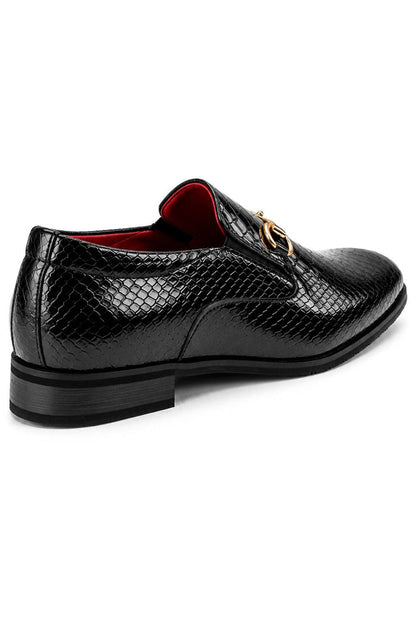 Men’s Black Patent Slip-On Loafers with Gold Snaffle Buckle