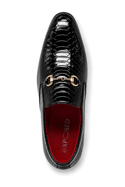 Men’s Black Patent Slip-On Loafers with Gold Snaffle Buckle
