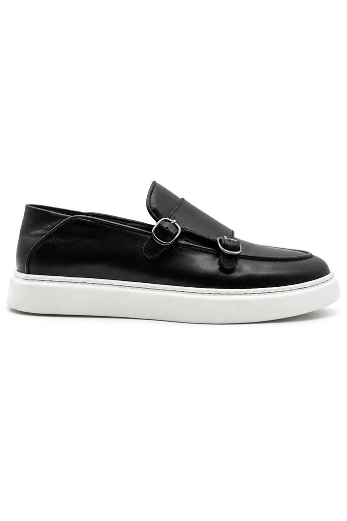 Men's Black Real Leather Double Monk Strap Trainers White Sole