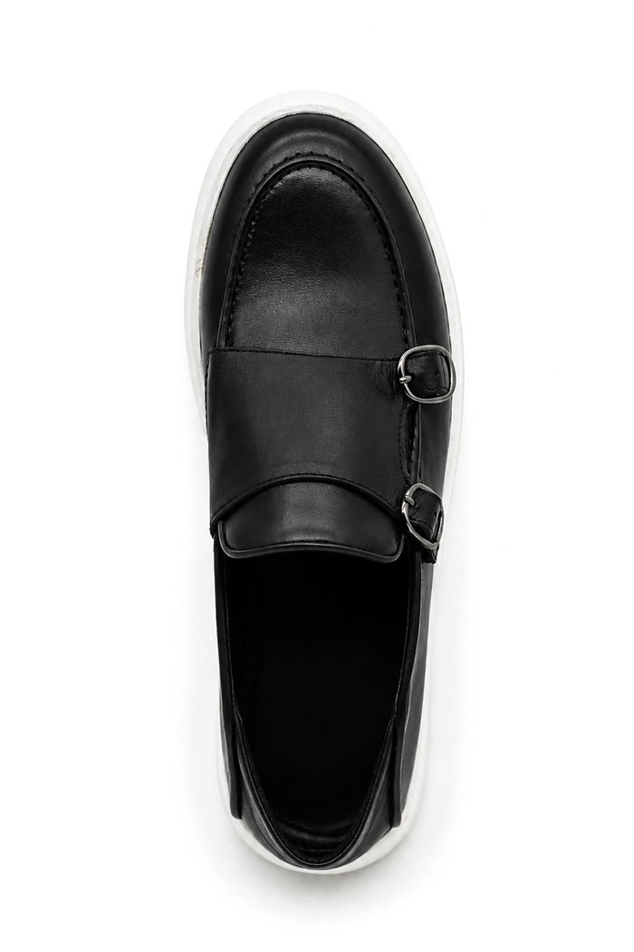 Men's Black Real Leather Double Monk Strap Trainers White Sole