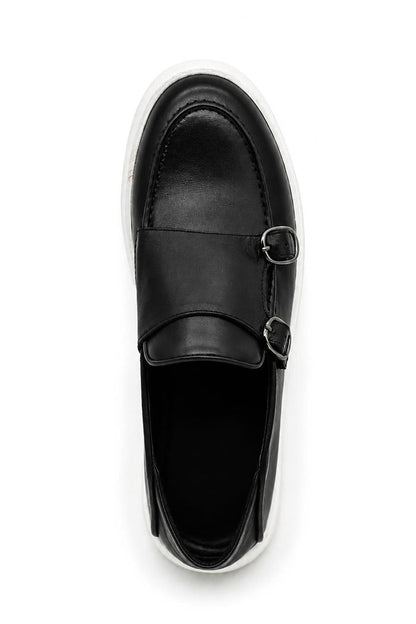 Men's Black Real Leather Double Monk Strap Trainers White Sole