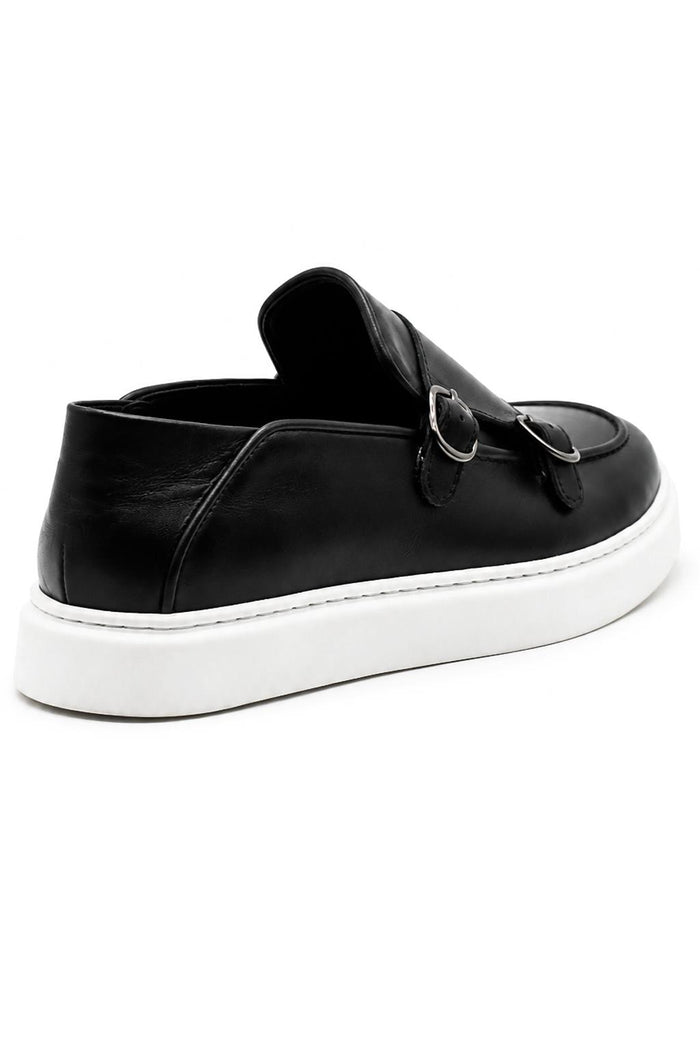 Men's Black Real Leather Double Monk Strap Trainers White Sole
