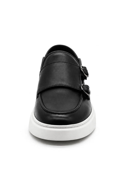 Men's Black Real Leather Double Monk Strap Trainers White Sole