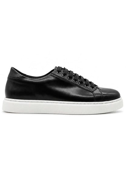 Men's Black Real Leather Lace-Up Trainers White Sole