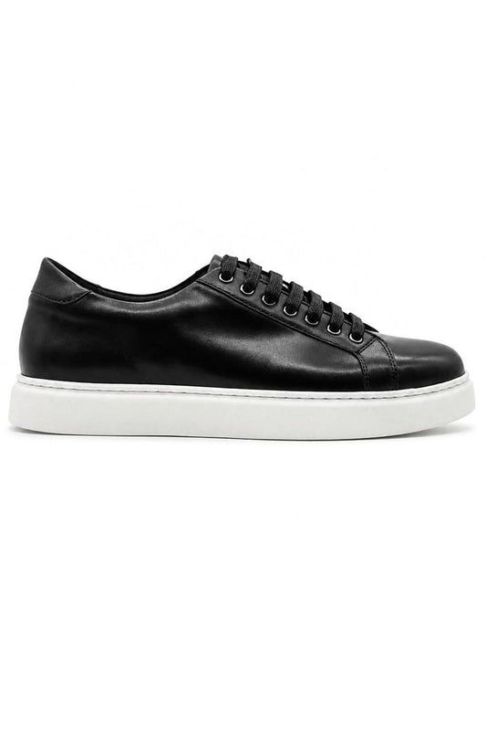 Men's Black Real Leather Lace-Up Trainers White Sole