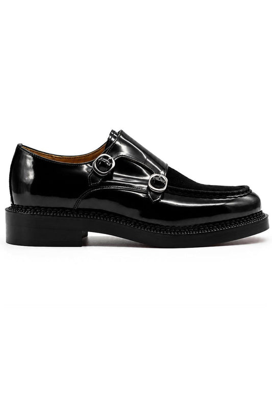 Men's Black Real Leather & Suede Double Monk Strap Shoes