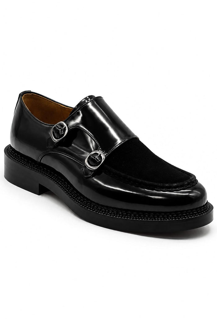 Men's Black Real Leather & Suede Double Monk Strap Shoes