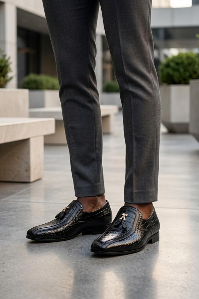 Men’s Black Shiny Polished Print Leather Occasion Shoes