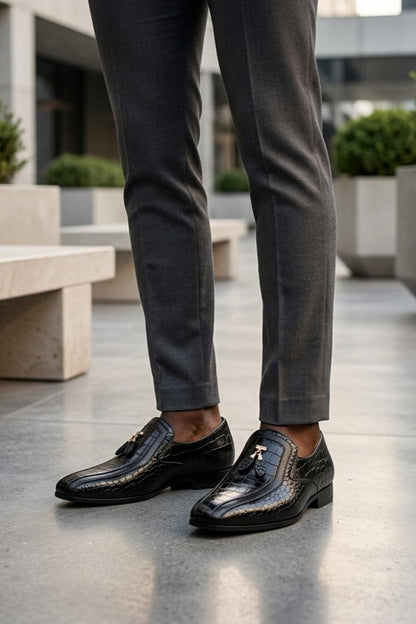 Men’s Black Shiny Polished Print Leather Occasion Shoes