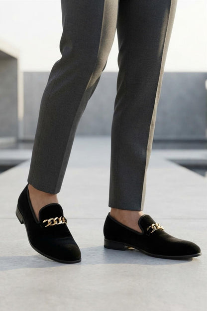 Men's Black Smooth Velvet Gold Chain Dress Loafers