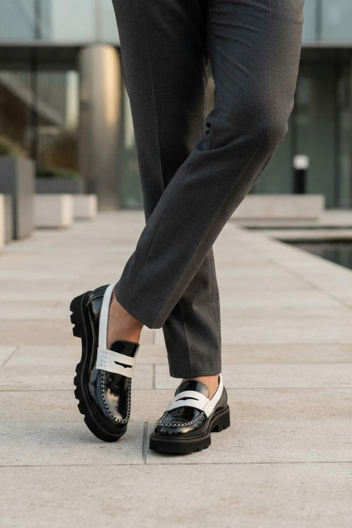 Men's Black & White Patent Chunky Penny Loafers