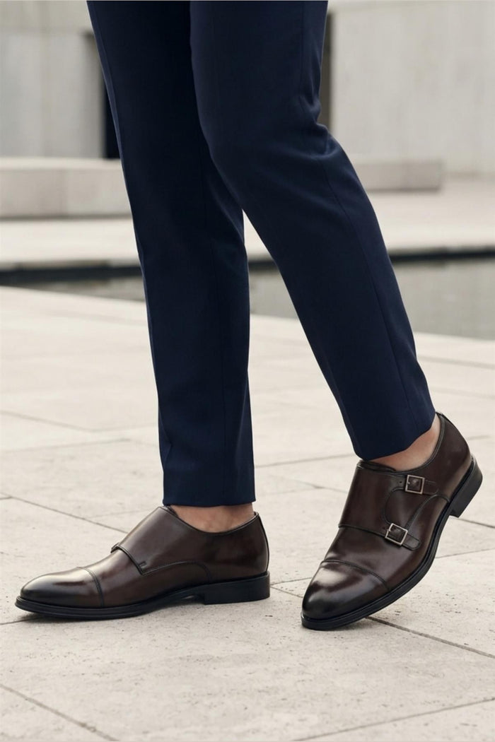 Men's Brown Double Monk Strap Cap Toe Formal Shoes