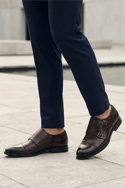 Men's Brown Double Monk Strap Cap Toe Formal Shoes