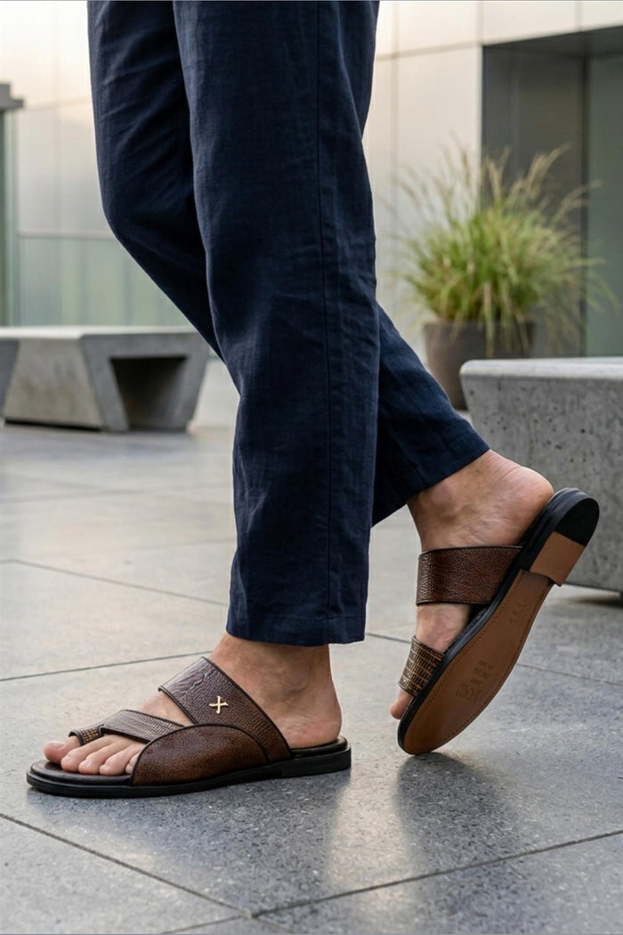 Men's Brown Handmade Real Leather Polished Printed Toe Loop Sandals