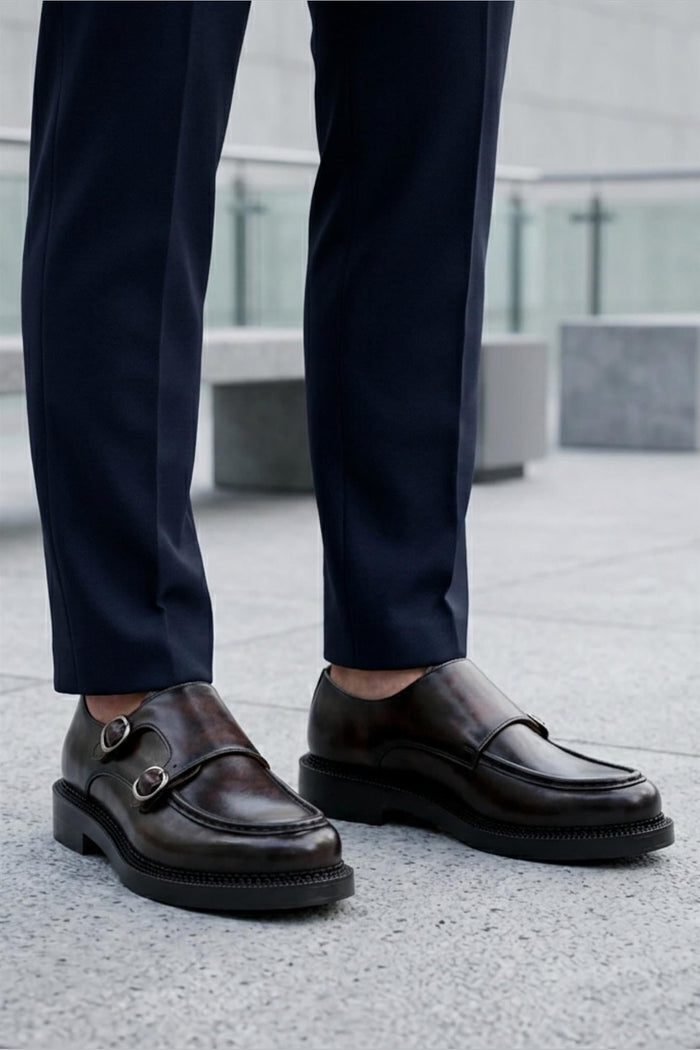 Men's Brown Leather Double Monk Strap Shoes - Chunky Sole