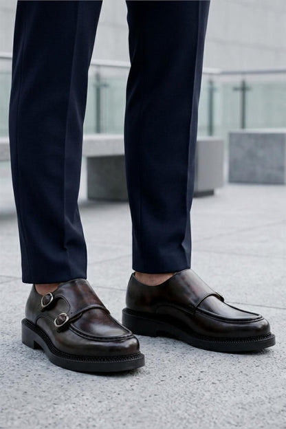 Men's Brown Leather Double Monk Strap Shoes - Chunky Sole