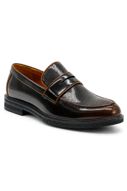 Men’s Brown Patent Pin-Dot Penny Loafers
