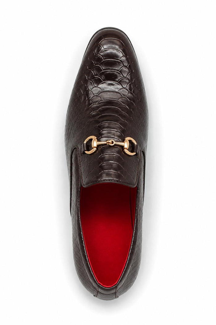 Men's Brown Patent Slip-On Loafers with Gold Snaffle Buckle
