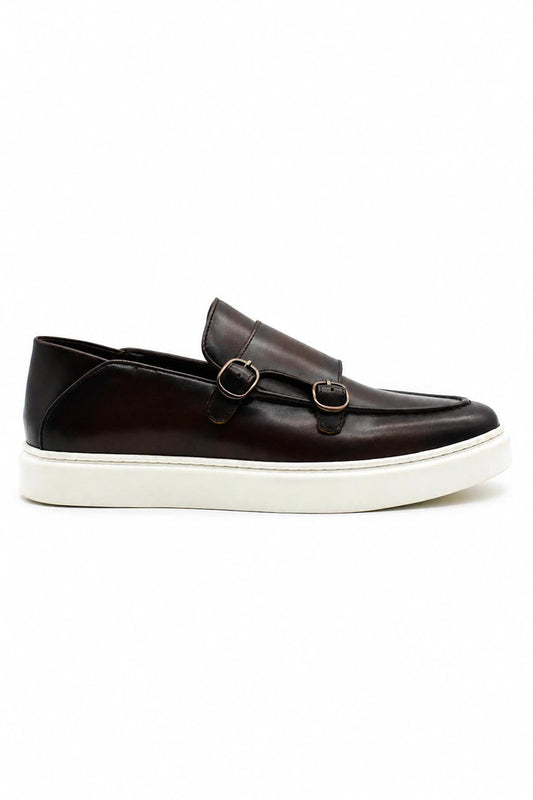 Men's Brown Real Leather Double Monk Strap Trainers White Sole