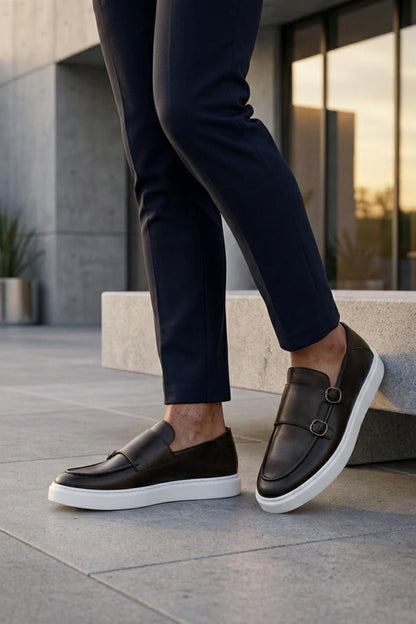 Men's Brown Real Leather Double Monk Strap Trainers White Sole