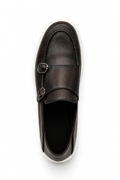 Men's Brown Real Leather Double Monk Strap Trainers White Sole