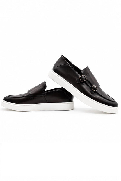 Men's Brown Real Leather Double Monk Strap Trainers White Sole