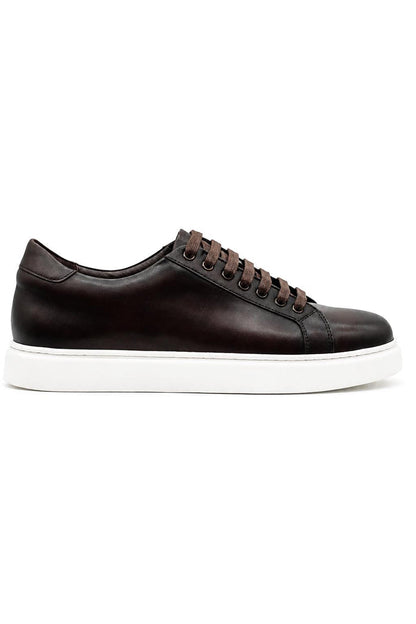Men's Brown Real Leather Lace-Up Trainers White Sole
