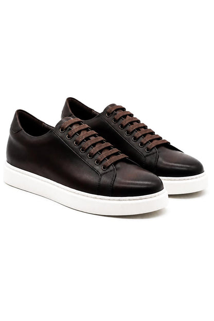 Men's Brown Real Leather Lace-Up Trainers White Sole