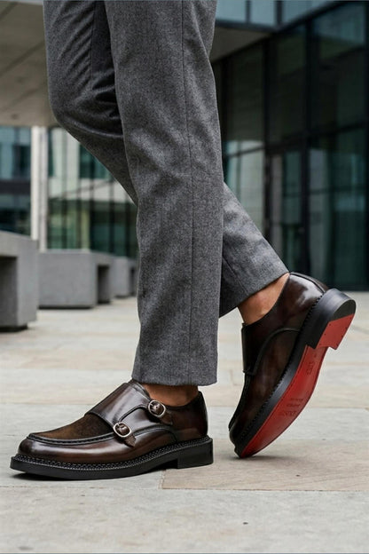 Men's Brown Real Leather & Suede Double Monk Strap Shoes