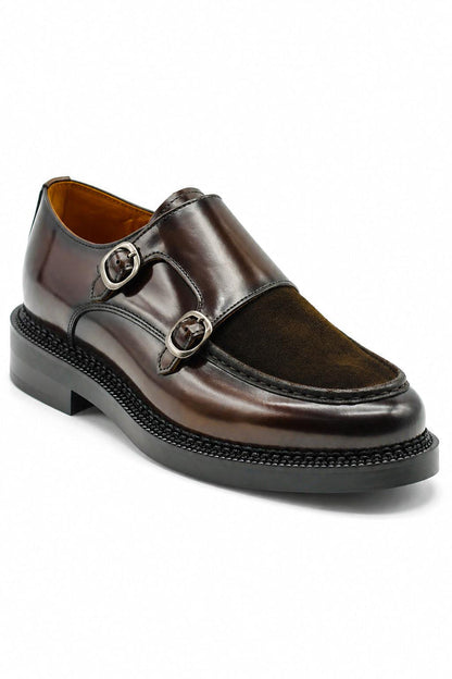 Men's Brown Real Leather & Suede Double Monk Strap Shoes