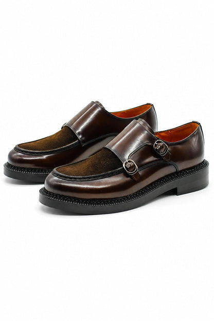 Men's Brown Real Leather & Suede Double Monk Strap Shoes