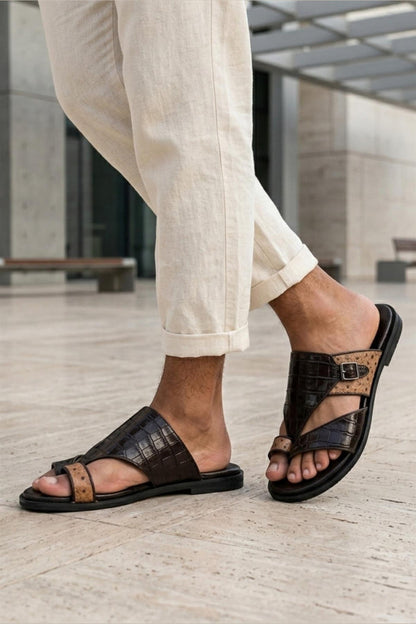 Men's Brown Two-Tone Handmade Real Leather Croc Embossed Sandals