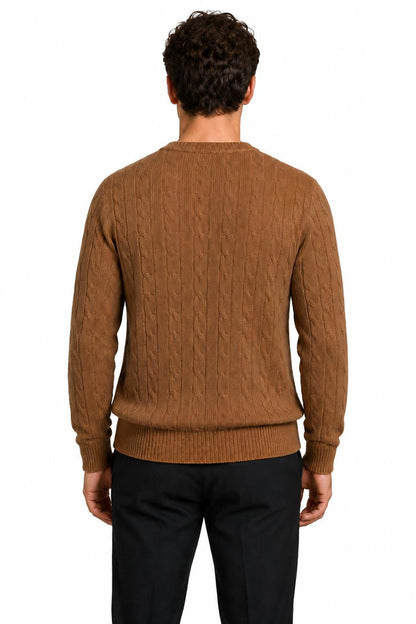 Men's Camel 100% Cotton Fine Cable Knit Crew Neck Jumper