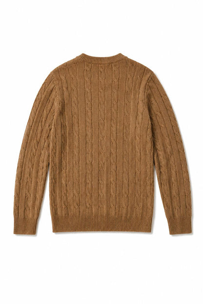 Men's Camel 100% Cotton Fine Cable Knit Crew Neck Jumper