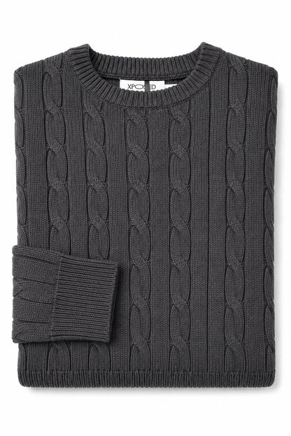 Men's Charcoal Grey 100% Cotton Fine Cable Knit Crew Neck Jumper