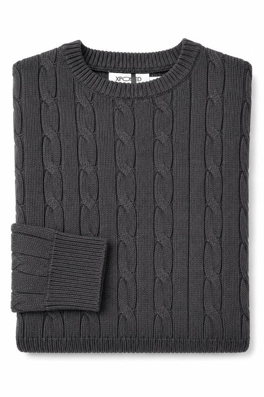 Men's Charcoal Grey 100% Cotton Fine Cable Knit Crew Neck Jumper