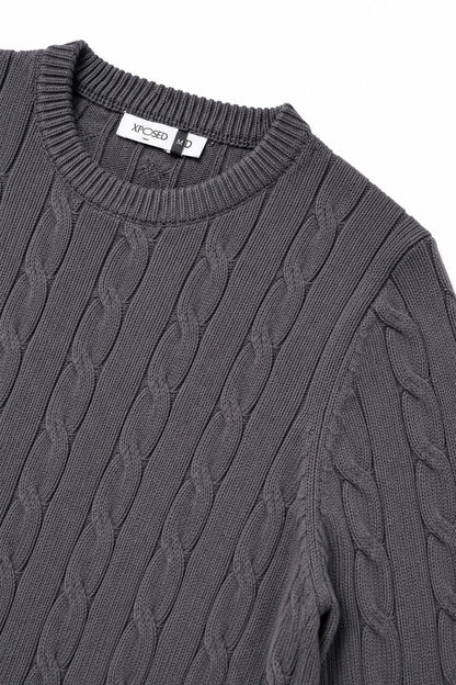Men's Charcoal Grey 100% Cotton Fine Cable Knit Crew Neck Jumper
